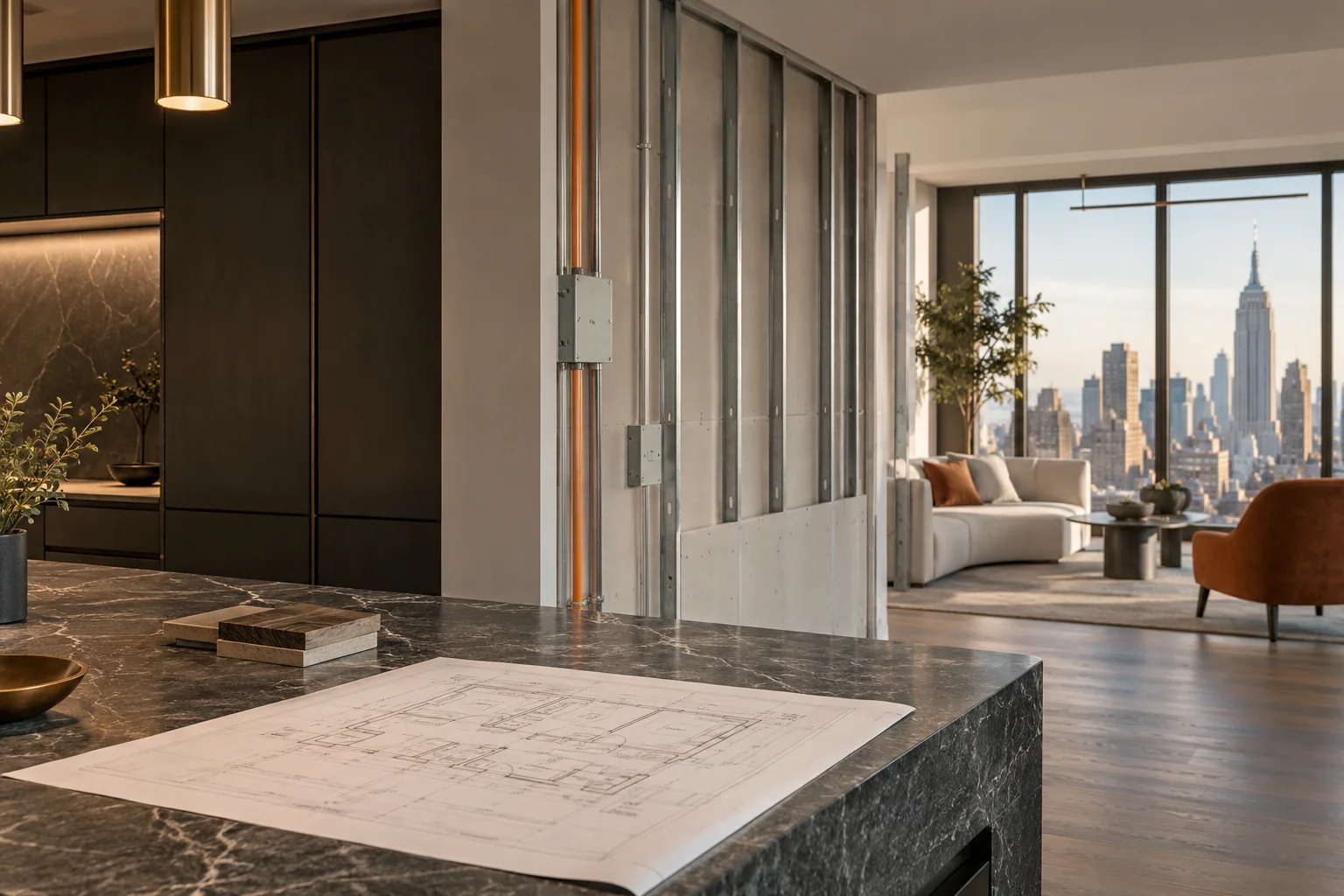 Illustrative Manhattan apartment renovation with architectural plans and skyline windows.