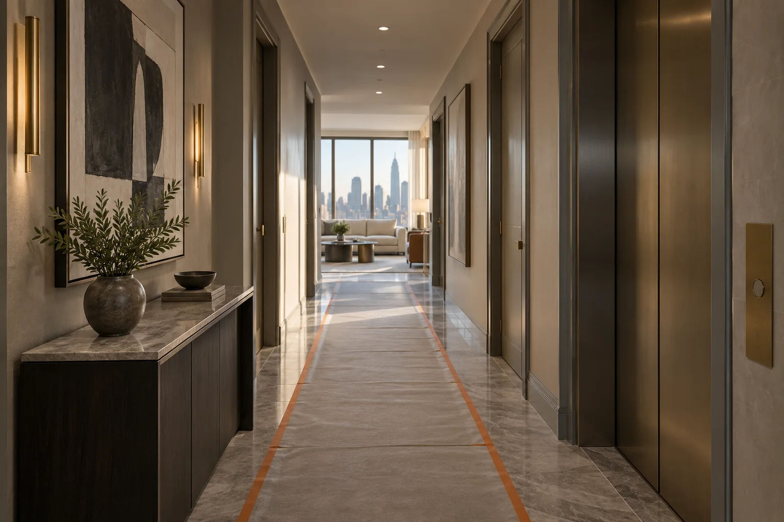 Illustrative luxury residential corridor in the final stages of construction.