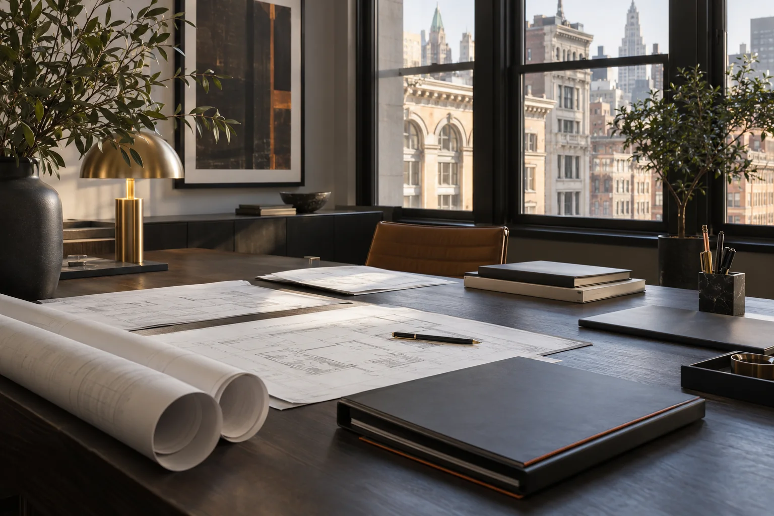 Illustrative project drawings and organized review documents in a New York office.