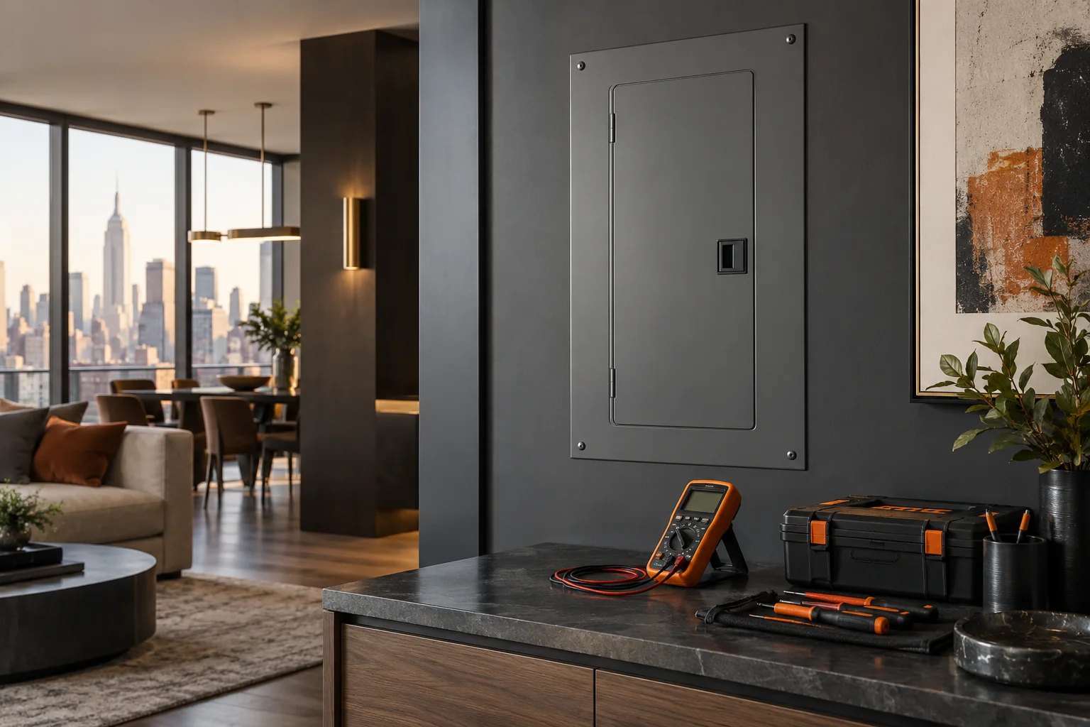 Illustrative enclosed electrical panel and test equipment in a residential building.