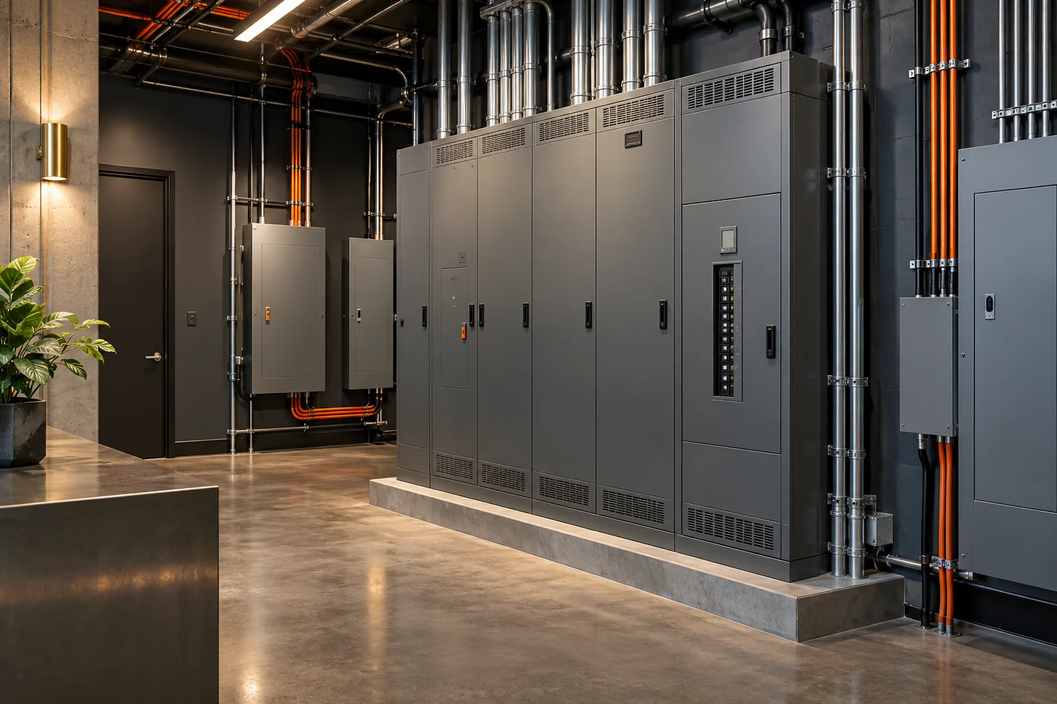 Illustrative enclosed electrical distribution cabinets in a building service room.