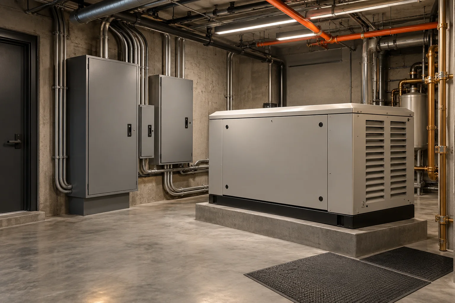Illustrative enclosed standby generator and transfer equipment in a building plant room.