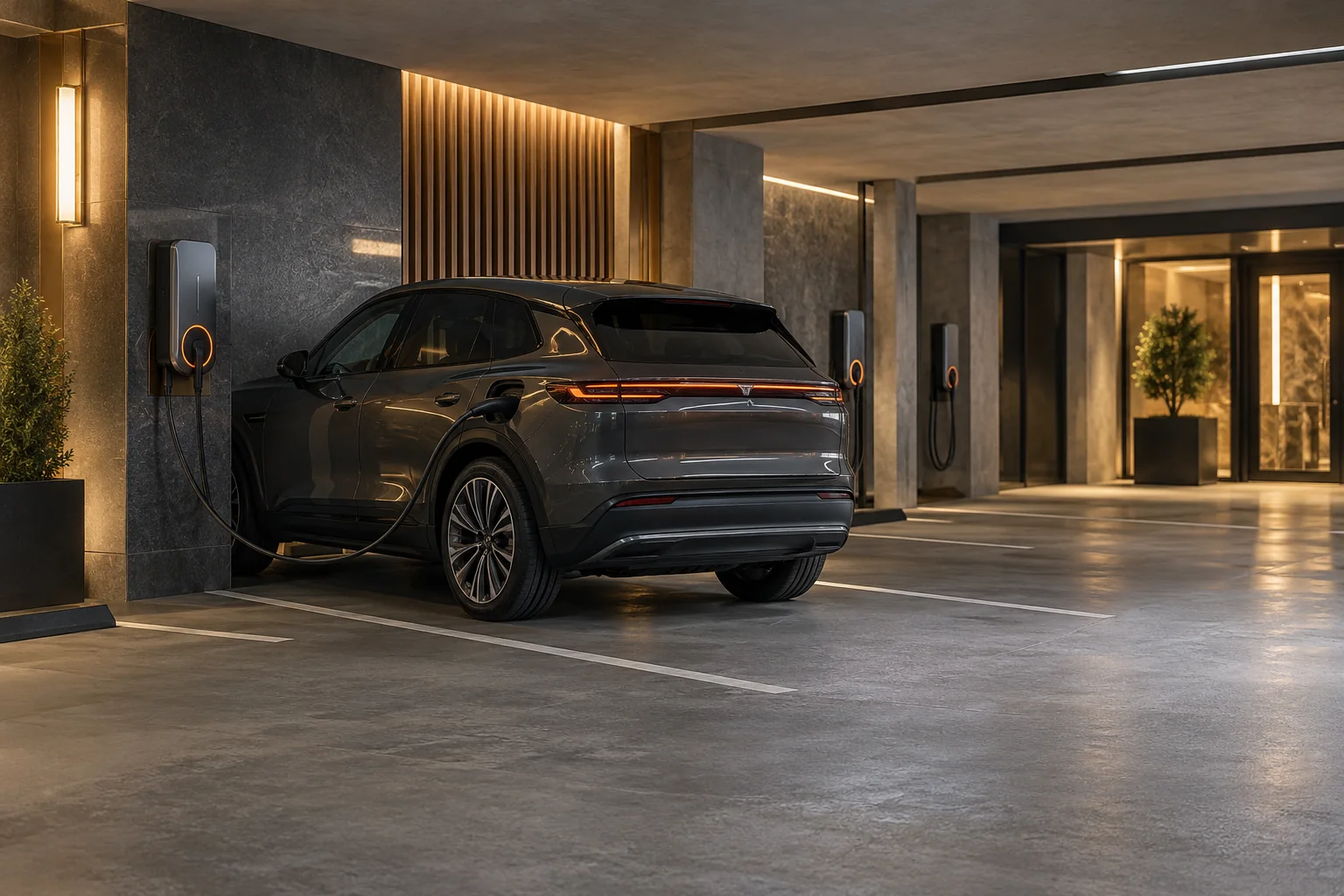Illustrative residential parking garage with electric vehicle charging stations.