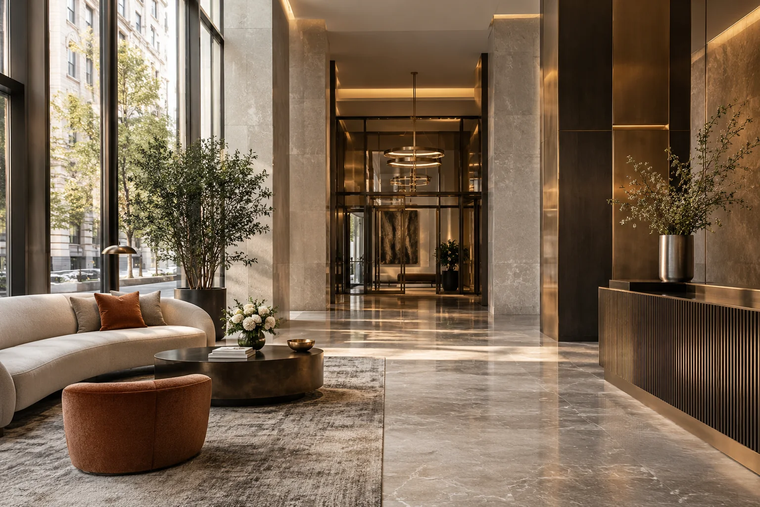 Illustrative residential lobby with warm architectural lighting and bronze details.