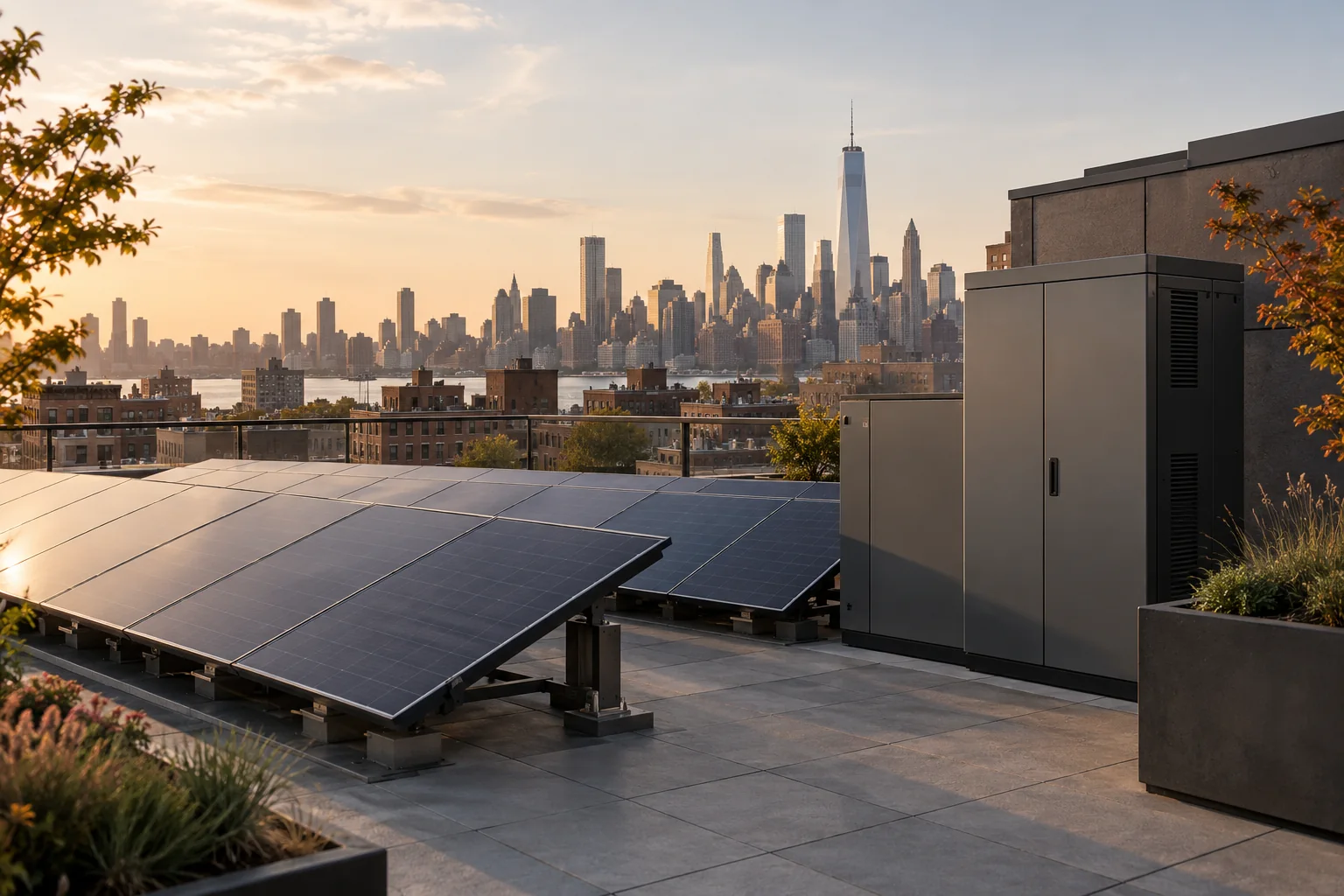 Illustrative rooftop solar panels and enclosed battery storage against a city skyline.
